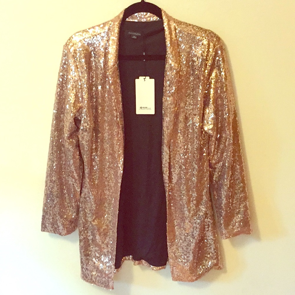 Rose gold sequined open front jacket in XXL NWT